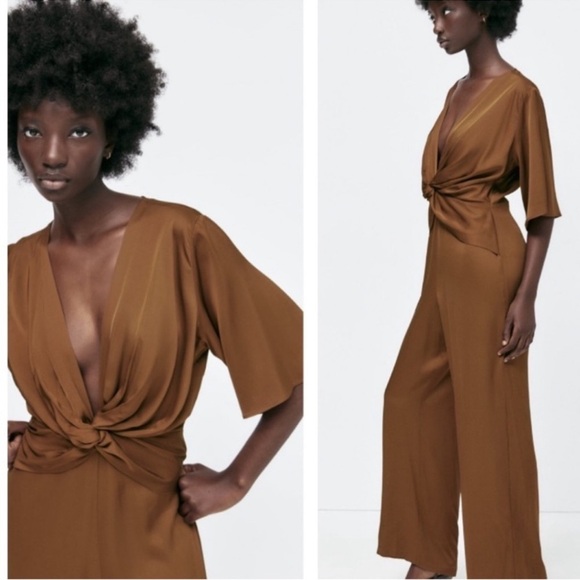 Zara Brown Satin Effect Twisted Effect Plunging Neckline Jumpsuit Size X… - Picture 4 of 16